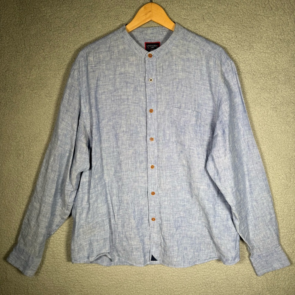 UNTUCKit Mens Shirt Large Blue Linen Chambray Casual Band Collar  L